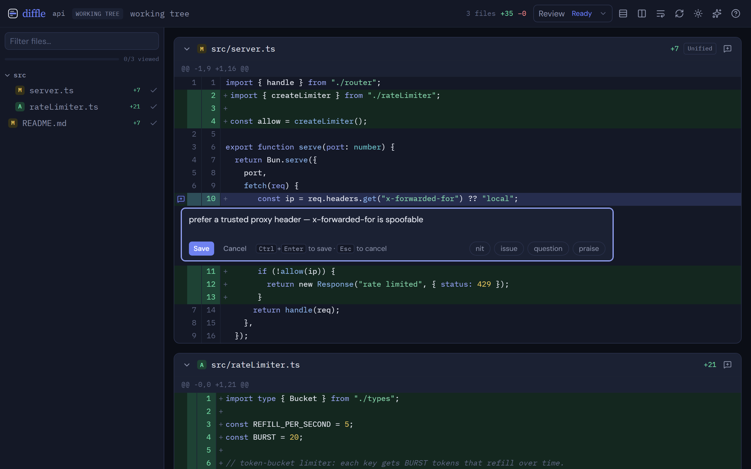 The diffle review view: a file tree, a syntax-highlighted diff, and an open inline comment