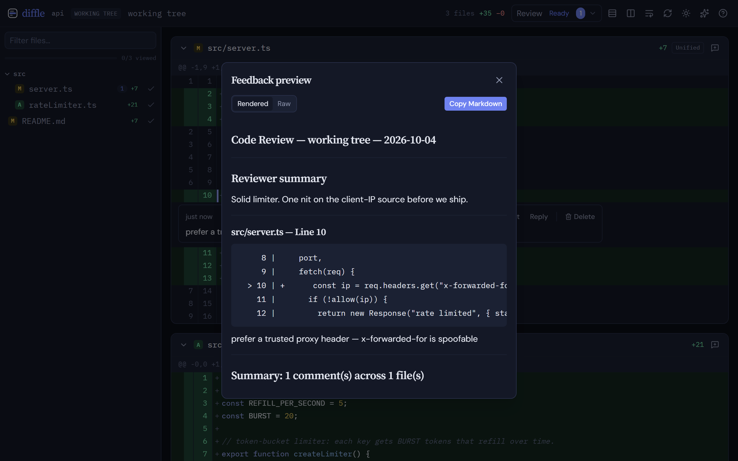The feedback preview: each comment rendered with its code context, ready to copy as Markdown