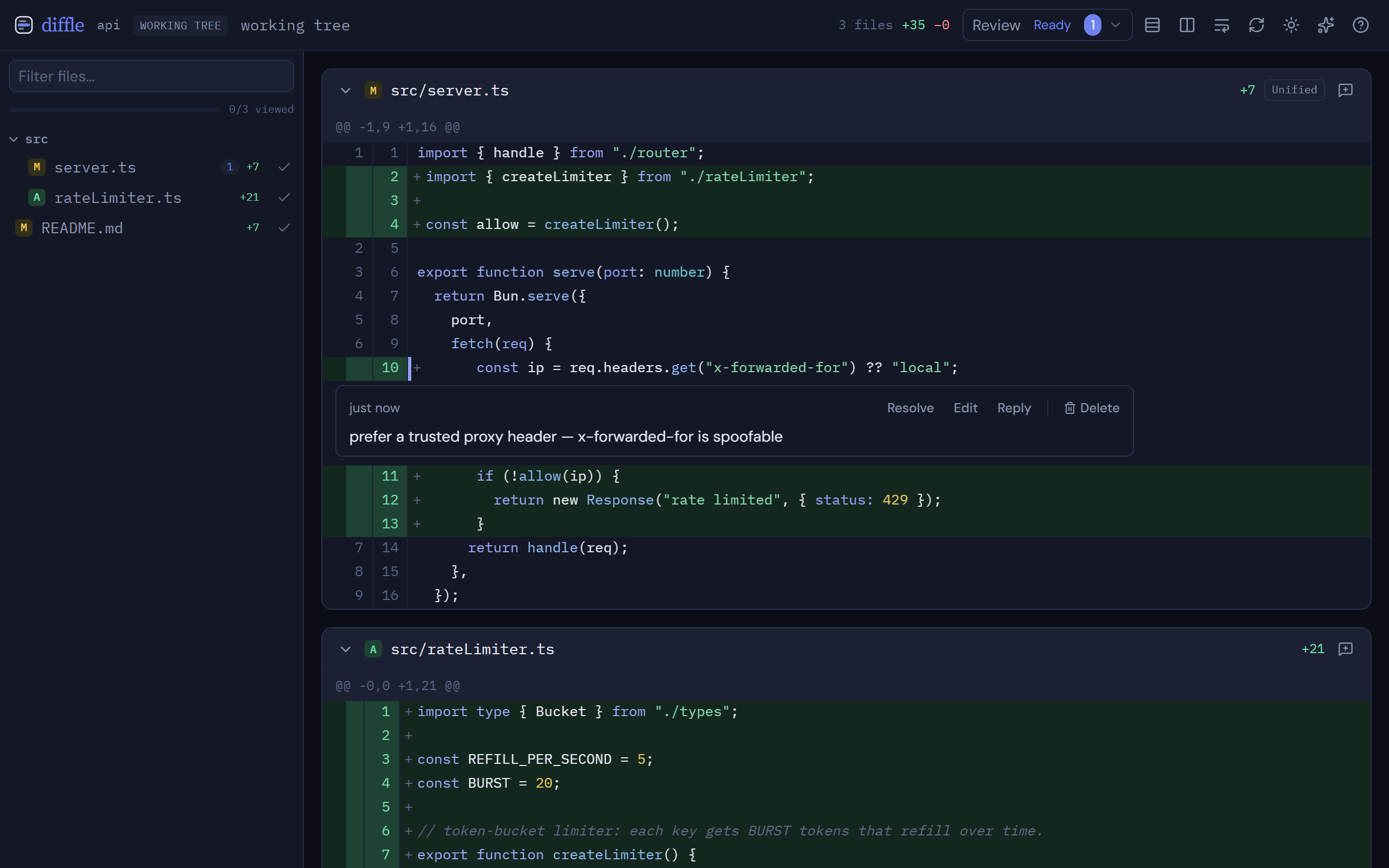 A saved inline comment thread anchored to a line, with resolve, edit, reply, and delete actions